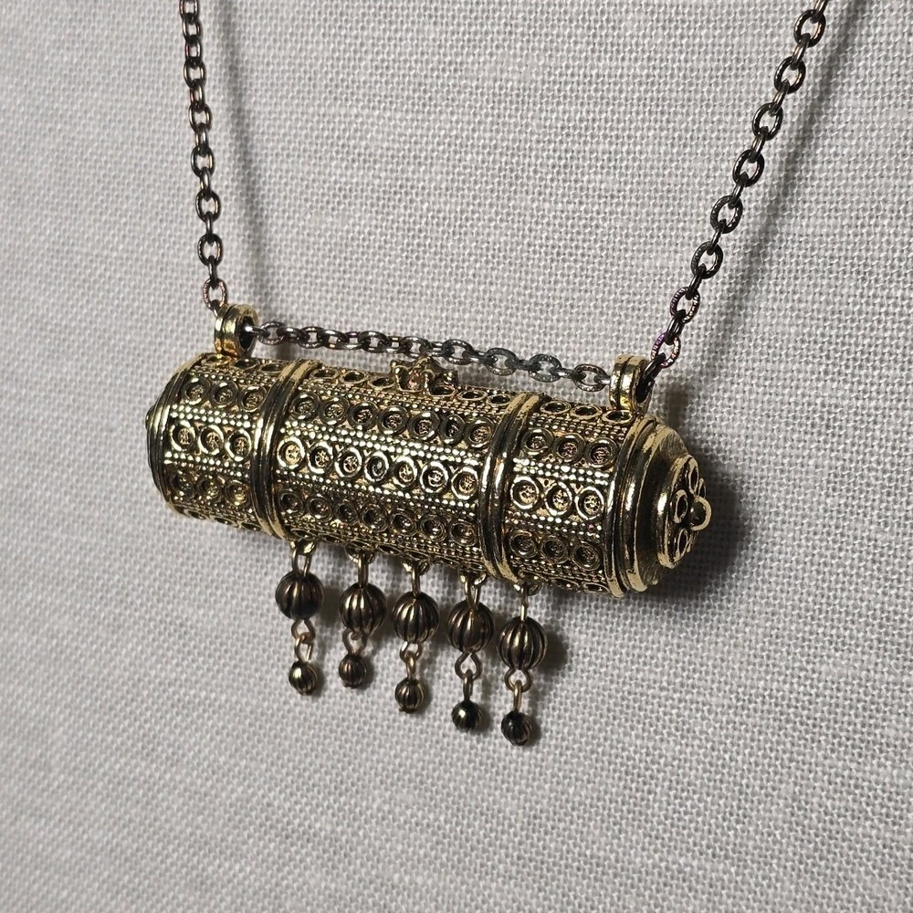 Vintage Estee Lauder Youth-Dew Perfume Necklace Gold Filigree Pendant Full Vial